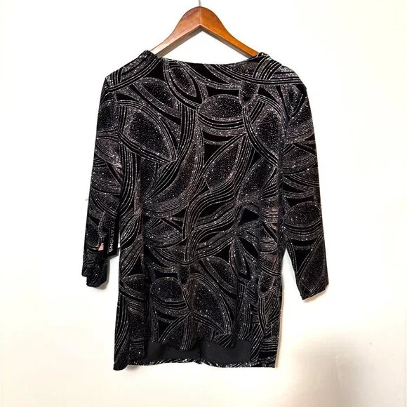 NWT Notations XL Black Velvet 3/4 sleeve empress top with built in tank silver - Picture 6 of 8